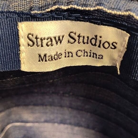 Straw Studios Dark Blue Denim and White Striped Floppy Straw Sun Hat - Picture 7 of 7